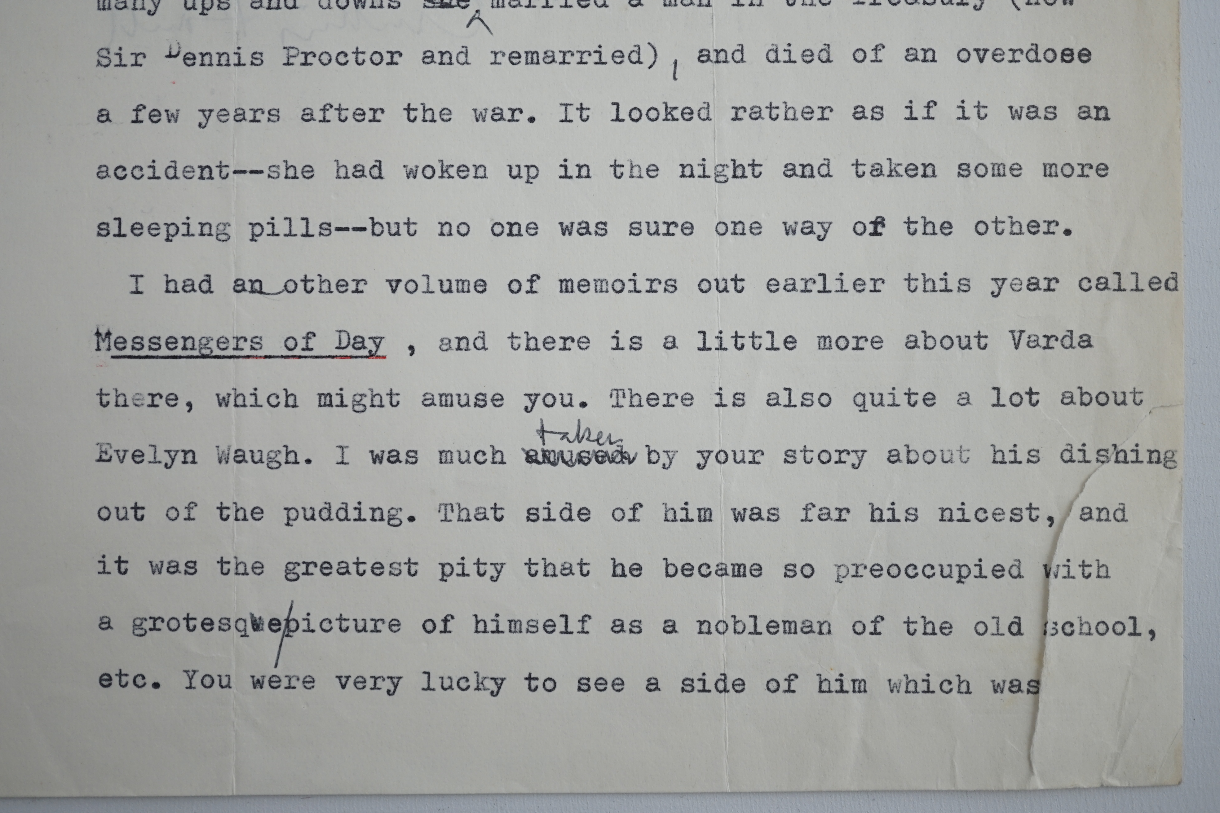 Anthony Powell (1905-2000). Typed letter with handwritten amendments and full signature, to a Mrs Hoyle, 7 December 1978. Discusses Infants of the Spring (1976), Messengers of Day (1978)